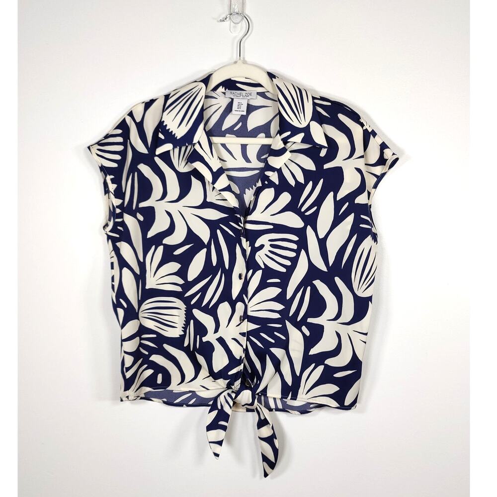 Rachel Zoe Abstract Floral Tie Front Blouse Navy Cream Resort Vacation S